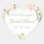 エレガントなピンクとサググリーンの花のブライダルシャワー ハートシール (正面)