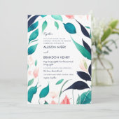 エレガントなピンクとターコイズブルーの水彩の葉の結婚式 招待状 (スタンド正面)