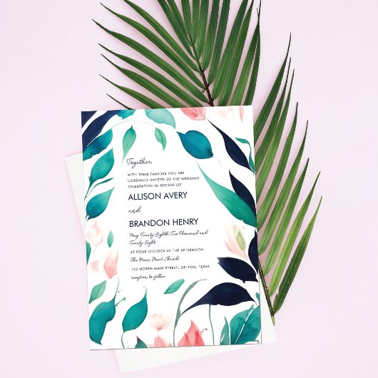 エレガントなピンクとターコイズブルーの水彩の葉の結婚式 招待状