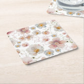 エレガントなピンクとダスティーブルーの花のブライズシャワー スクエアペーパーコースター (アングル)