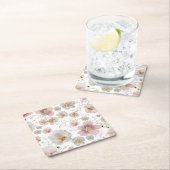 エレガントなピンクとダスティーブルーの花のブライダルシャワー スクエアペーパーコースター (インサイチュ)