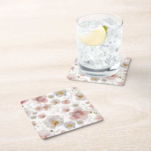 エレガントなピンクとダスティーブルーの花のブライダルシャワー スクエアペーパーコースター (インサイチュ)