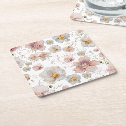 エレガントなピンクとダスティーブルーの花のブライダルシャワー スクエアペーパーコースター (アングル)