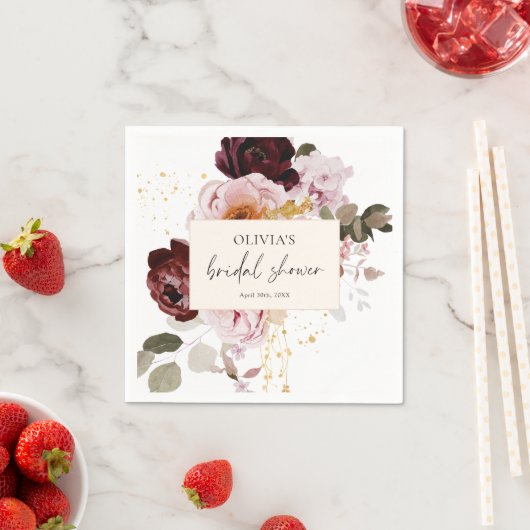 エレガントなピンクとバーガンディの花のブライズシャワー スタンダードカクテルナプキン (インサイチュ)