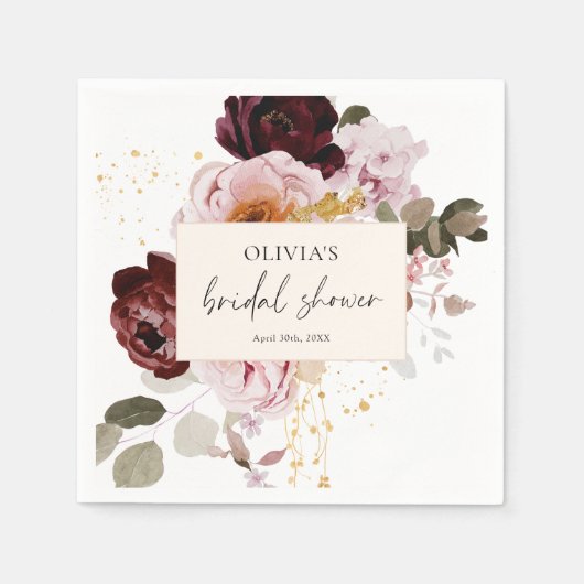 エレガントなピンクとバーガンディの花のブライダルシャワー スタンダードカクテルナプキン (正面)