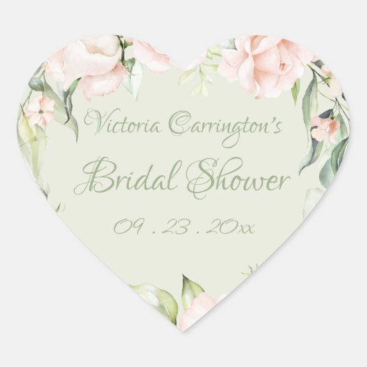 エレガントなピンクとパステルグリーンの花のブライダルシャワー ハートシール (正面)