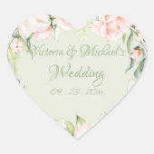 エレガントなピンクとパステルグリーンの花の結婚式 ハートシール (正面)