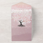 エレガントなピンクとパープルのハート型の葉の木のウェディング オールインワン招待状 (外側)