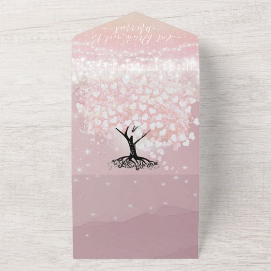 エレガントなピンクとパープルのハート型の葉の木のウェディング オールインワン招待状 (外側)