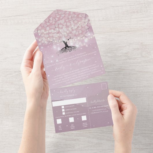 エレガントなピンクとパープルのハート型の葉の木のウェディング オールインワン招待状 (貼ってはがせる)