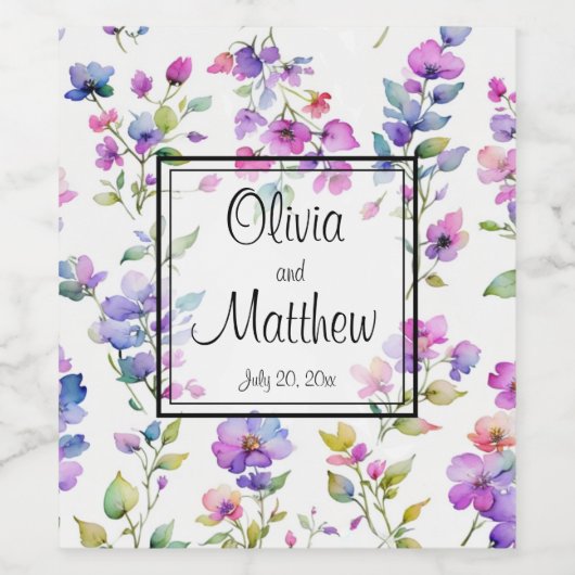 エレガントなピンクとパープルの水彩画の野生の花 ワインラベル (シングルラベル)