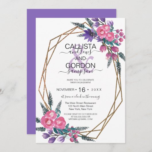 エレガントなピンクとパープルの水彩花のエンゲージメント 招待状 (正面/裏面)