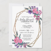 エレガントなピンクとパープルの水彩花のベイビーシャワー 招待状 (正面)