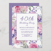 エレガントなピンクとパープルの花の40歳の誕生日 招待状 (正面/裏面)