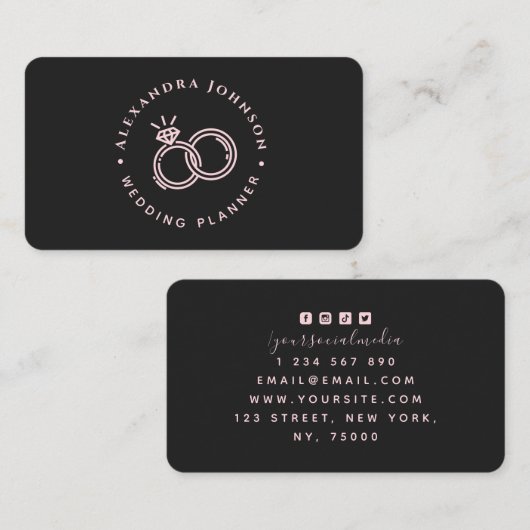 エレガントなピンクとブラックのエンゲージメントリングロゴ ウェディング 名刺 (正面/裏面)
