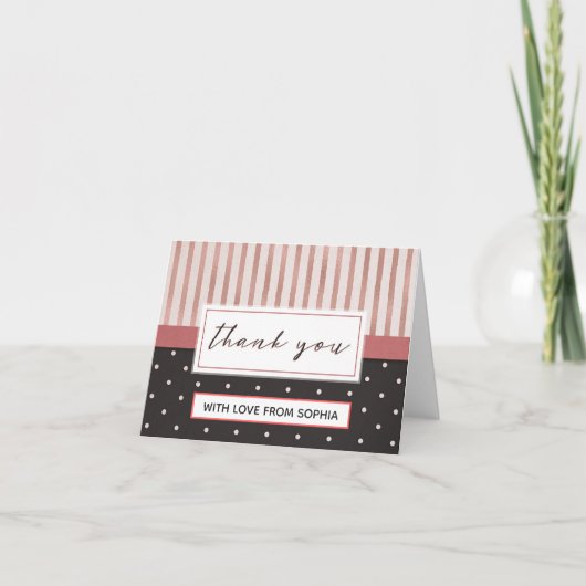 エレガントなピンクとブラックのストライプと水玉模様の感謝カード サンキューカード (正面)