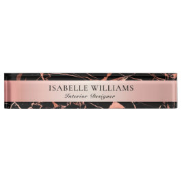 エレガントなピンクとブラックの大理石 デスクネームプレート