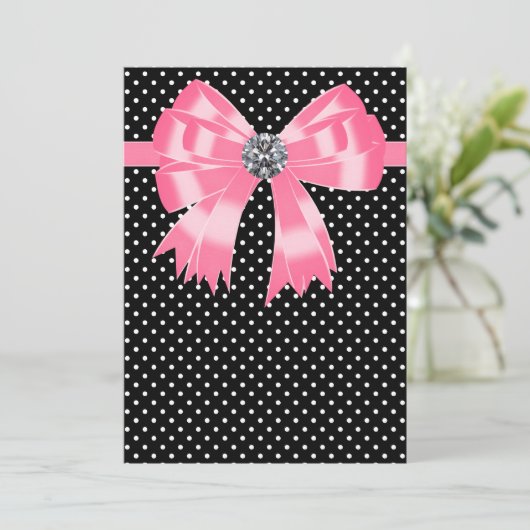 エレガントなピンクとブラックの水玉模様 招待状 (スタンド正面)