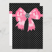 エレガントなピンクとブラックの水玉模様 招待状 (正面/裏面)