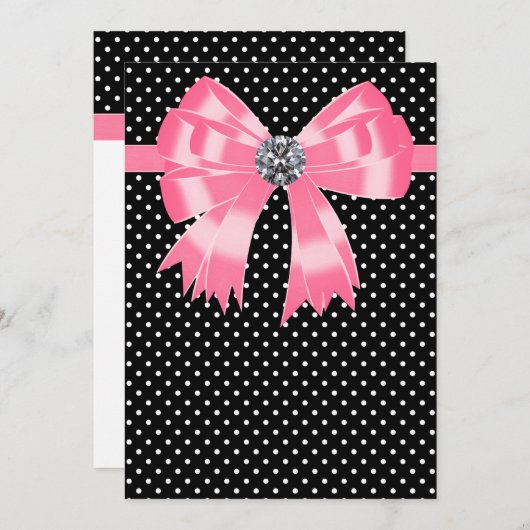 エレガントなピンクとブラックの水玉模様 招待状 (正面/裏面)