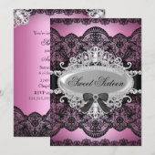 エレガントなピンクとブラックダイヤモンドレースのスイート16招待状 招待状 (正面/裏面)