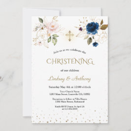 エレガントなピンクとブルーのゴールドの花の双子の洗礼 招待状