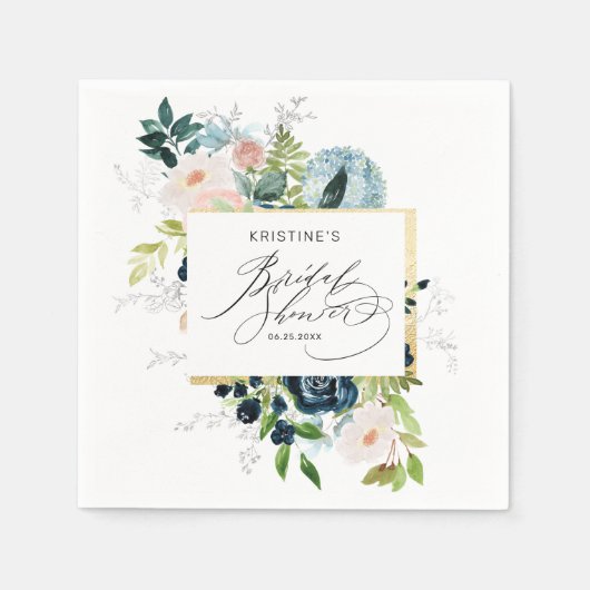 エレガントなピンクとブルーのローズ ウォーターカラー ブライダルシャワー スタンダードカクテルナプキン (正面)