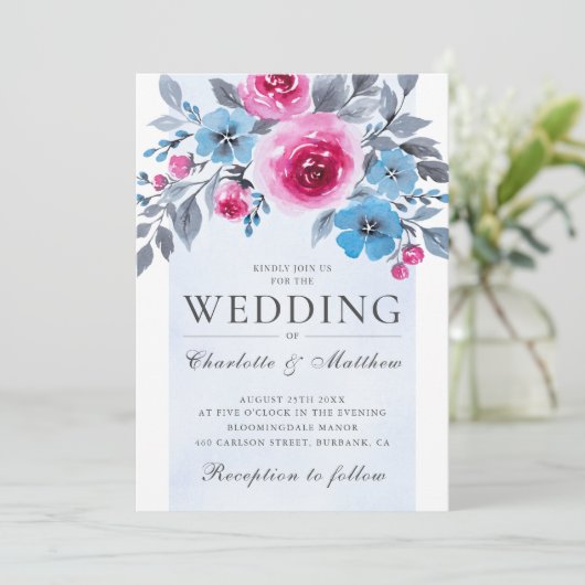 エレガントなピンクとブルーの水彩花のウェディング 招待状 (スタンド正面)