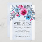 エレガントなピンクとブルーの水彩花のウェディング 招待状 (正面/裏面)