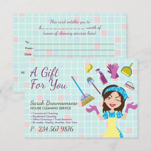 エレガントなピンクとブルーの清掃がキュートなメイド (正面/裏面)