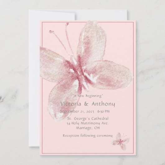 エレガントなピンクとマウブの水彩蝶のウェディング 招待状 (正面)