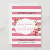 エレガントなピンクと白のストライプにブーケのウェディング 招待状 (正面)