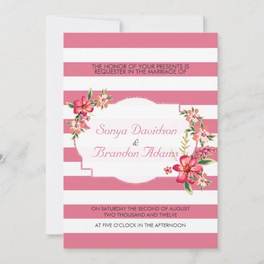エレガントなピンクと白のストライプにブーケのウェディング 招待状 (正面)