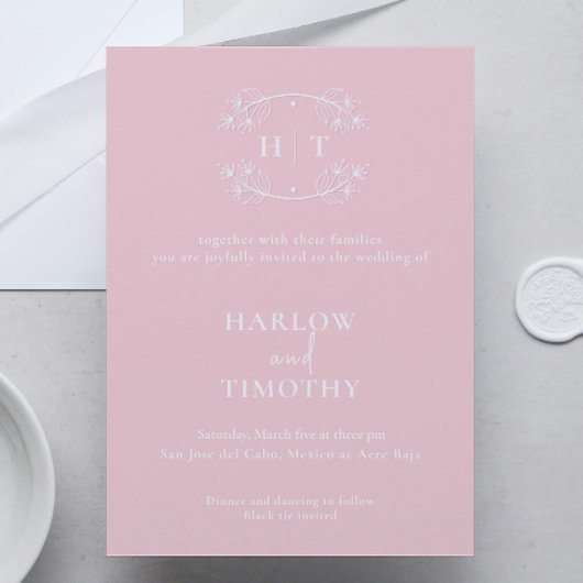 エレガントなピンクと白のモノグラムカリグラフィーウェディング 招待状