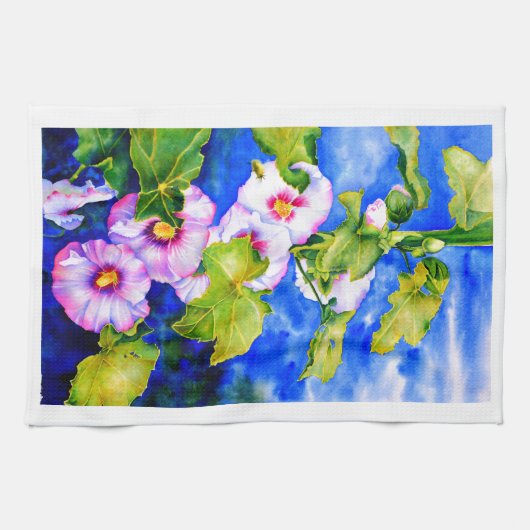 エレガントなピンクと白の水彩花園 キッチンタオル (横)