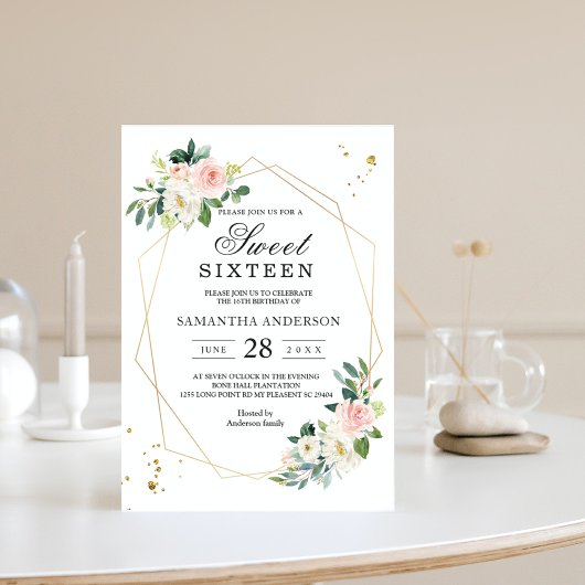 エレガントなピンクと白の水彩花 ゴールドドロップス 招待状