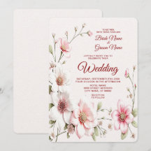 エレガントなピンクと白の花のウェディング招待状