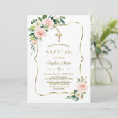 エレガントなピンクと白の花のゴールドクロス洗礼 招待状 (スタンド正面)