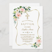 エレガントなピンクと白の花のゴールドクロス洗礼 招待状 (正面/裏面)