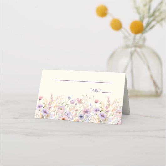 エレガントなピンクと紫の野の花の草原の結婚式 プレイスカード (正面)