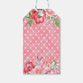 エレガントなピンクと赤いバラをピンクの背景にハートとともに ギフトタグ