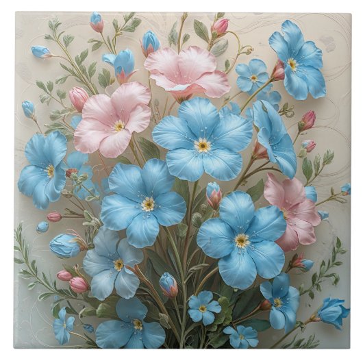 エレガントなピンクと青の花 タイル (正面)