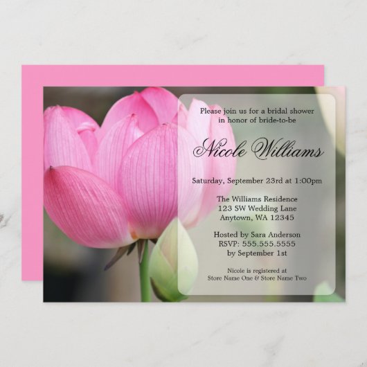 エレガントなピンクのはすの花のブライダルシャワーの招待状 招待状 (正面/裏面)