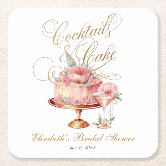 エレガントなピンクのカクテルとケーキのブライズシャワー スクエアペーパーコースター (正面)