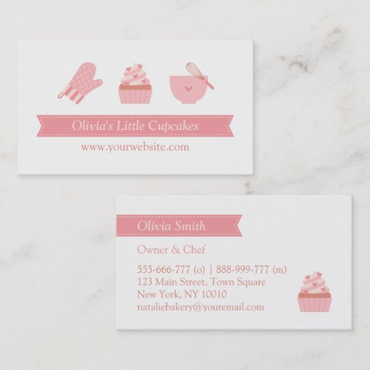 エレガントなピンクのカップケーキのベーカリーのパン屋 名刺 (正面/裏面)