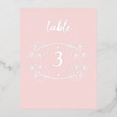 エレガントなピンクのカリグラフィー結婚式のホイルテーブルナンバー 箔招待状ポストカード (正面)