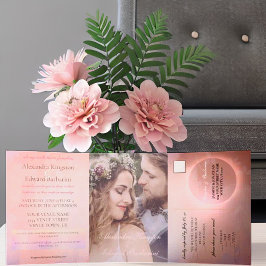 エレガントなピンクのカリグラフィー カスタム写真 ウェディング 三つ折り案内状