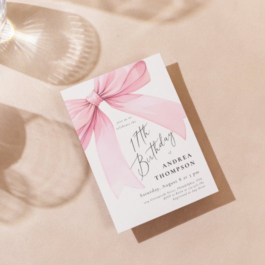 エレガントなピンクのクォワセットの弓 17歳の誕生日の女の子の招待状 招待状