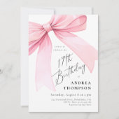 エレガントなピンクのクォワセットの弓 17歳の誕生日の女の子の招待状 招待状 (正面)