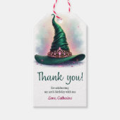 エレガントなピンクのクラウングリーン魔女の帽子誕生日 ギフトタグ (正面)